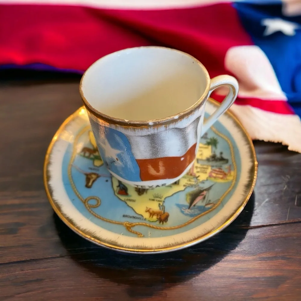 VTG Texas Souvenir Miniature Cup Saucer Set Gold Trim Japan Porcelain